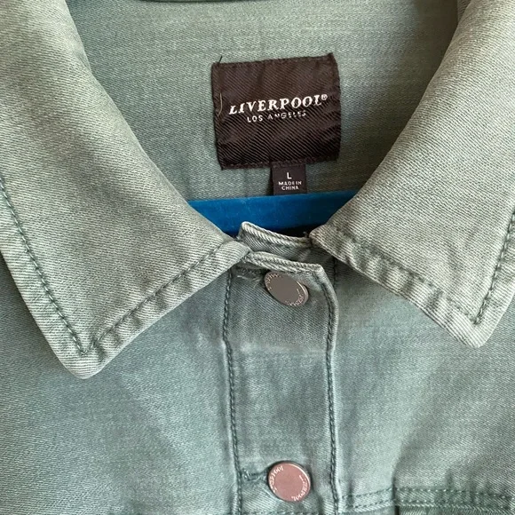 Liverpool Shale Green Denim Button Front Pocket Jean Hip Length Jacet - Picture 7 of 8